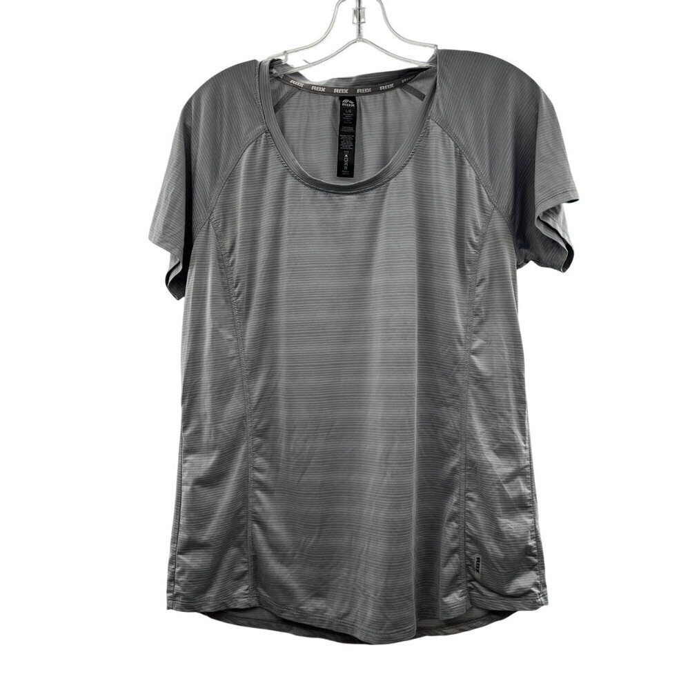 Reebok Women's Striped Active Short Sleeve Top Gray Size Large Scoop Neck